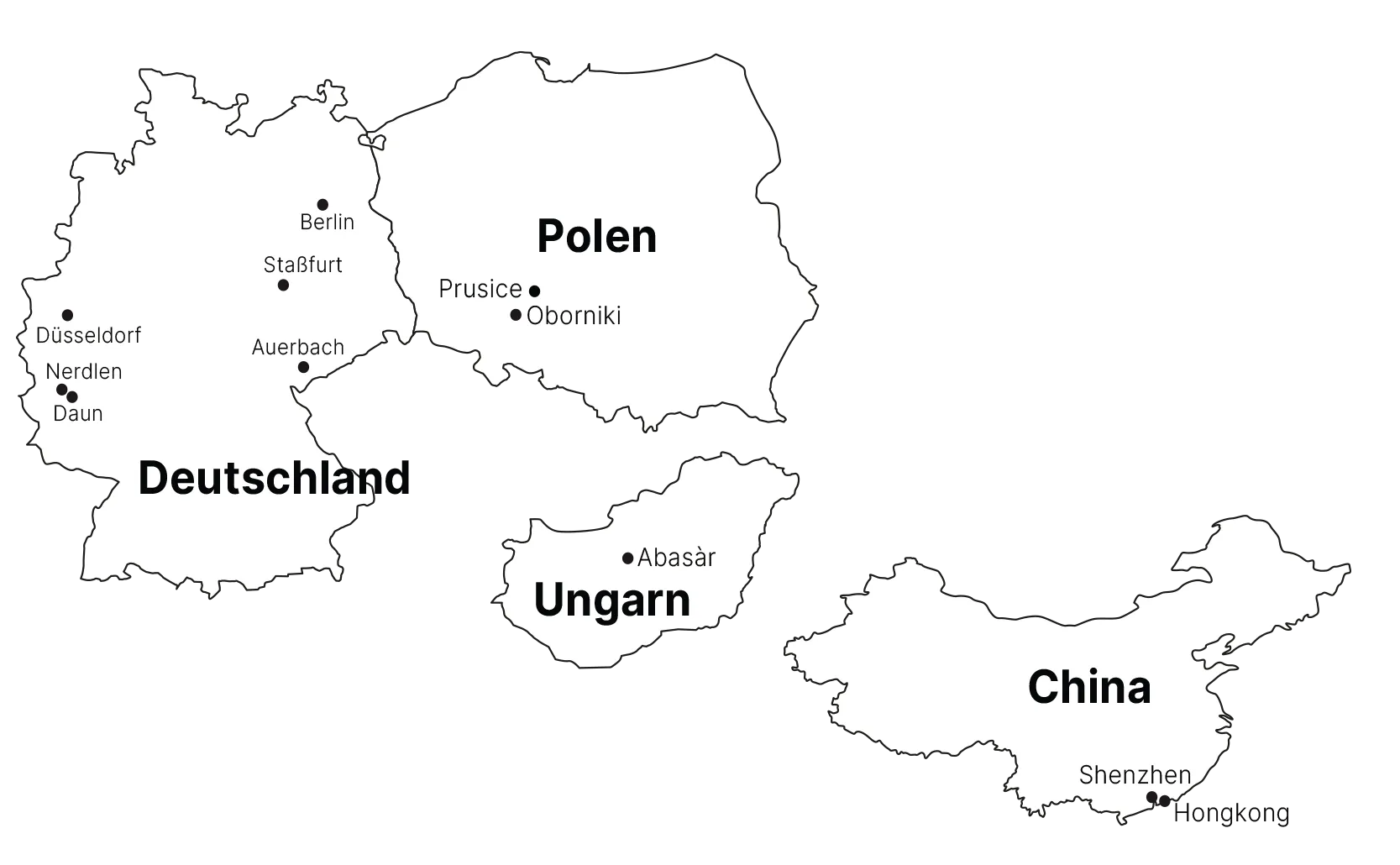 Mapa lokalizacji TechniSat w Niemczech, Polsce, na Węgrzech i w Chinach.
