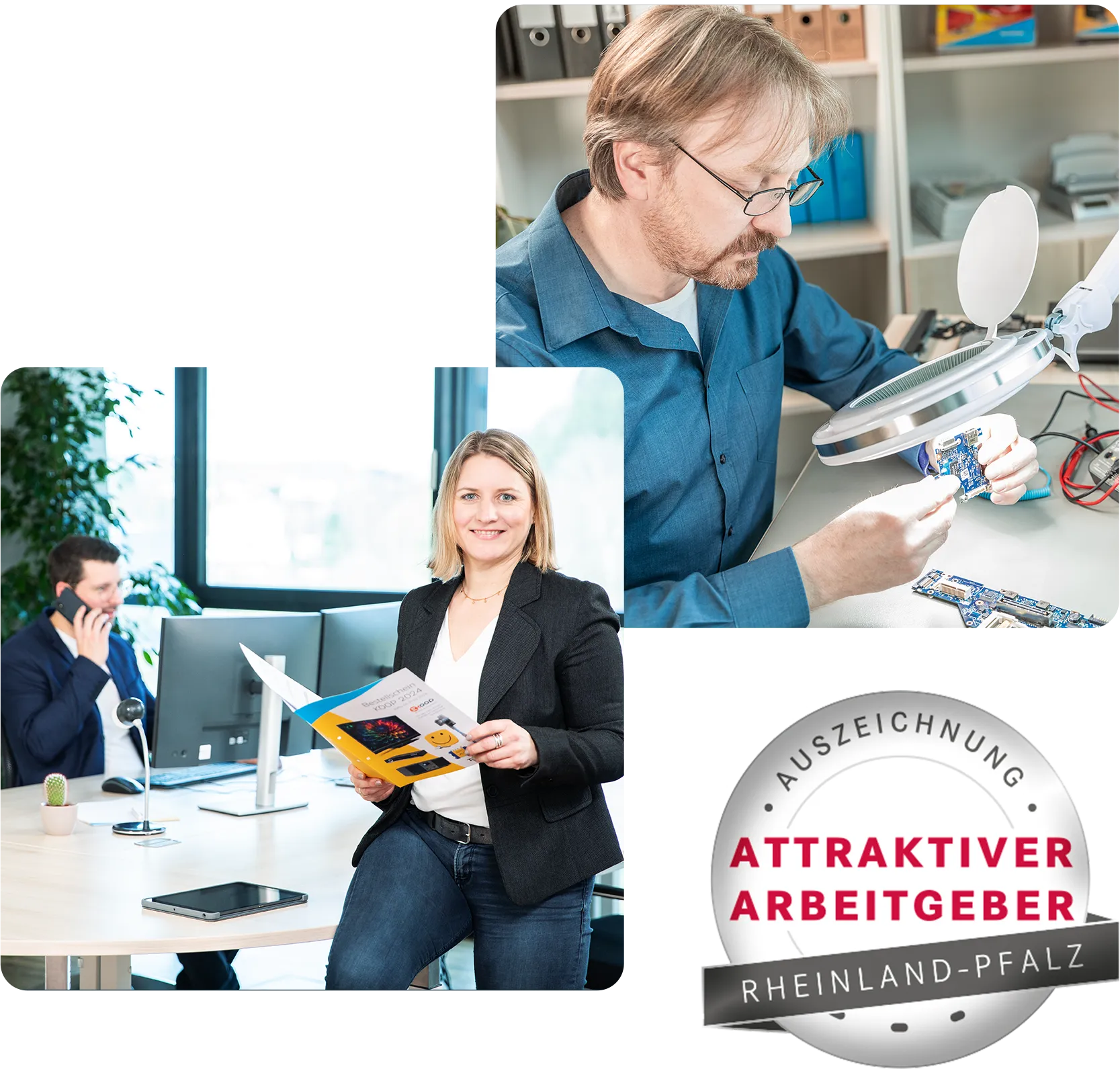 Pracowniczki i pracownicy TechniSat przy pracy oraz plakietka „Attraktiver Arbeitgeber Rheinland-Pfalz”.
