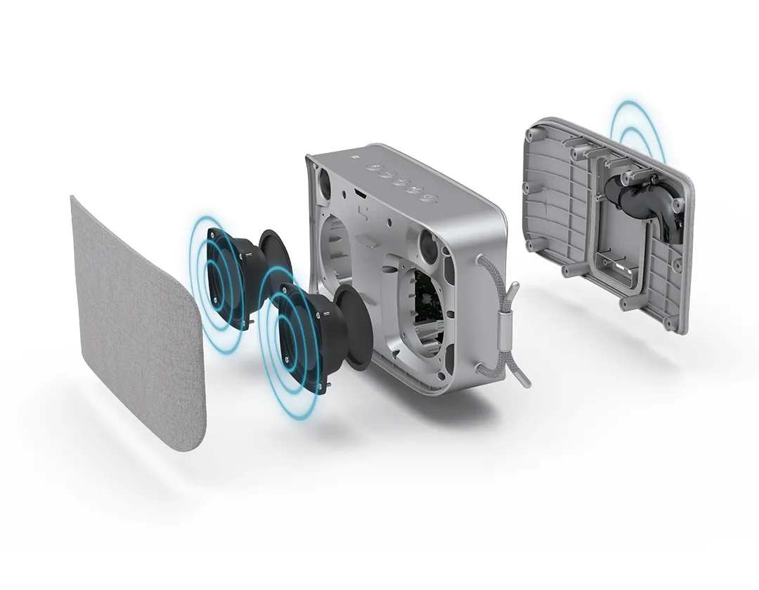 TechniSat Bluetooth Lautsprecher bieten dank toller Technik einen super Sound. Das verdeutlichen Einzelteile eines Geräts.
