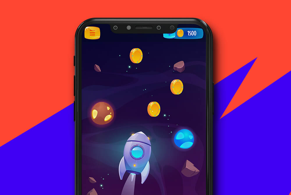 Ein Handy zeigt ein Weltraum-Spiel mit Rakete und Münzen vor buntem Hintergrund in Rot und Blau.