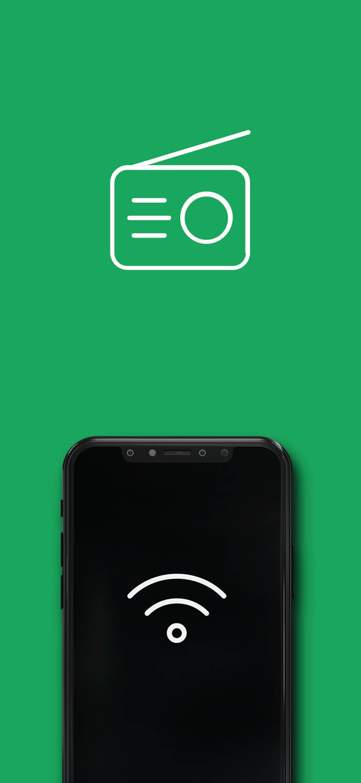 Ein Smartphone zeigt ein WLAN-Symbol, darüber ein Radiosymbol auf grünem Hintergrund – Symbolbild für Musik-Streaming.