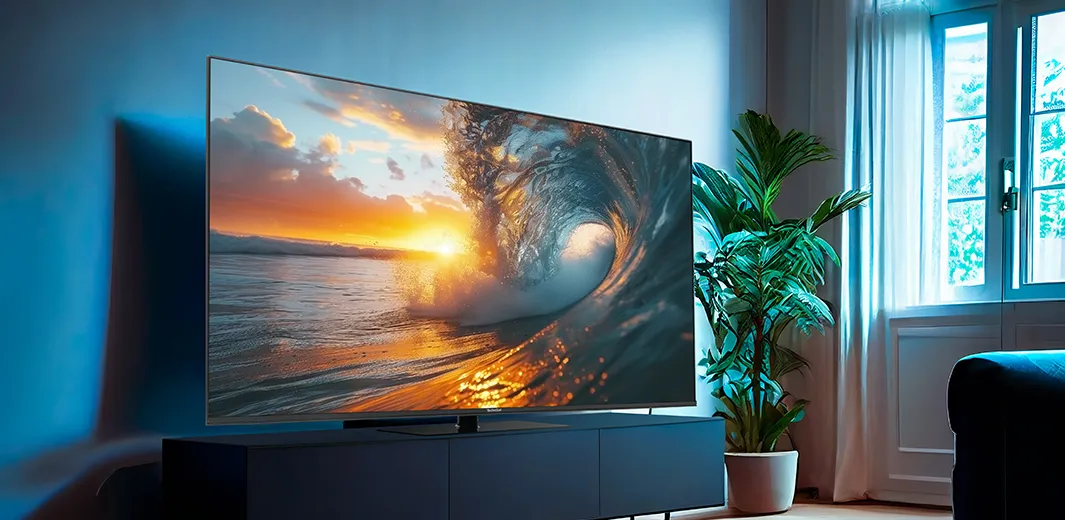Großer TechniSat Fernseher mit integriertem Receiver im Wohnzimmer zeigt farbenfrohen Sonnenuntergang auf dem Meer.