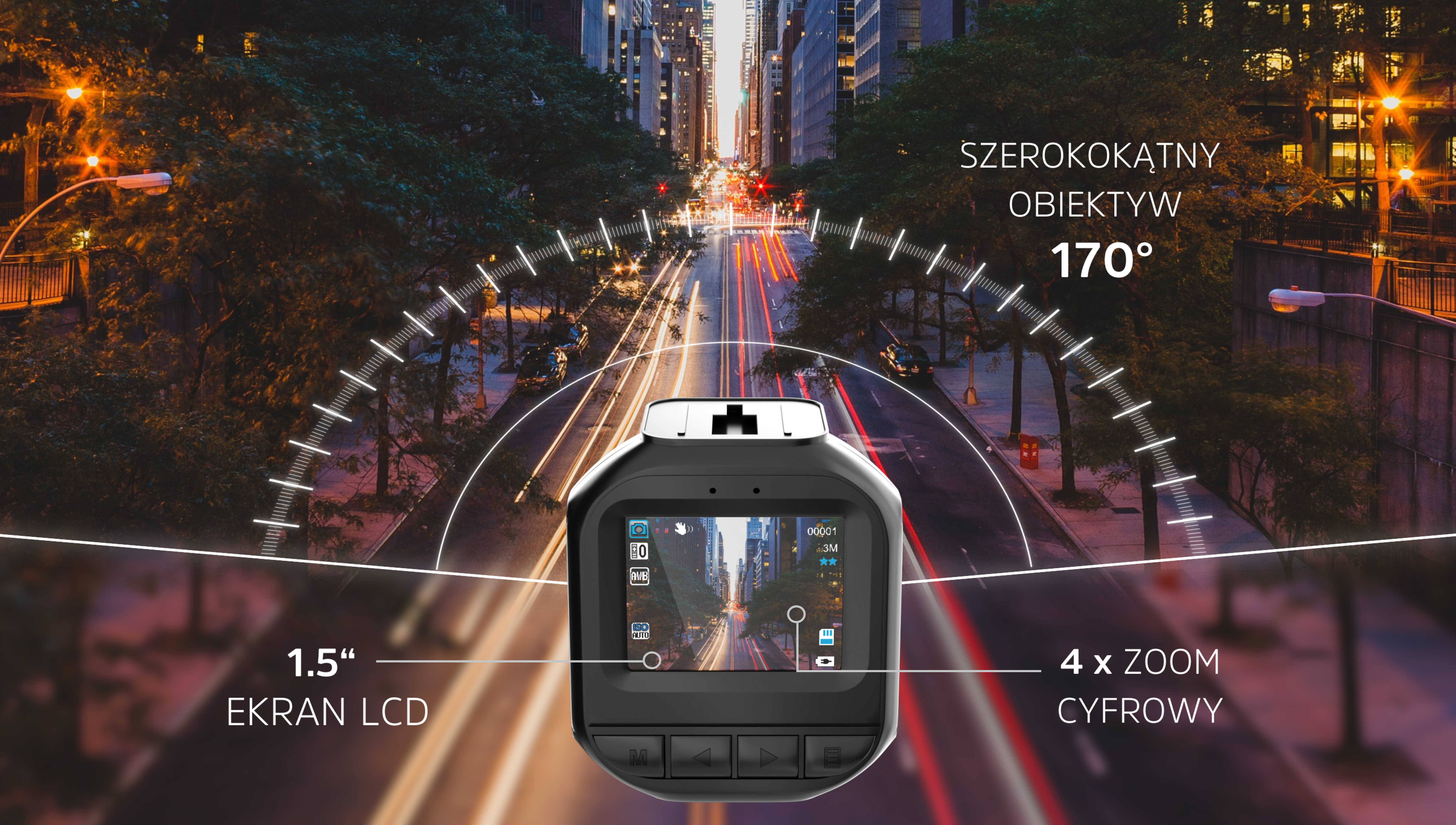 Infografika prezentująca szerokokątny obiektyw 170°, 4-krotny zoom cyfrowy i 1,5-calowy ekran LCD kamery ROADCAM.