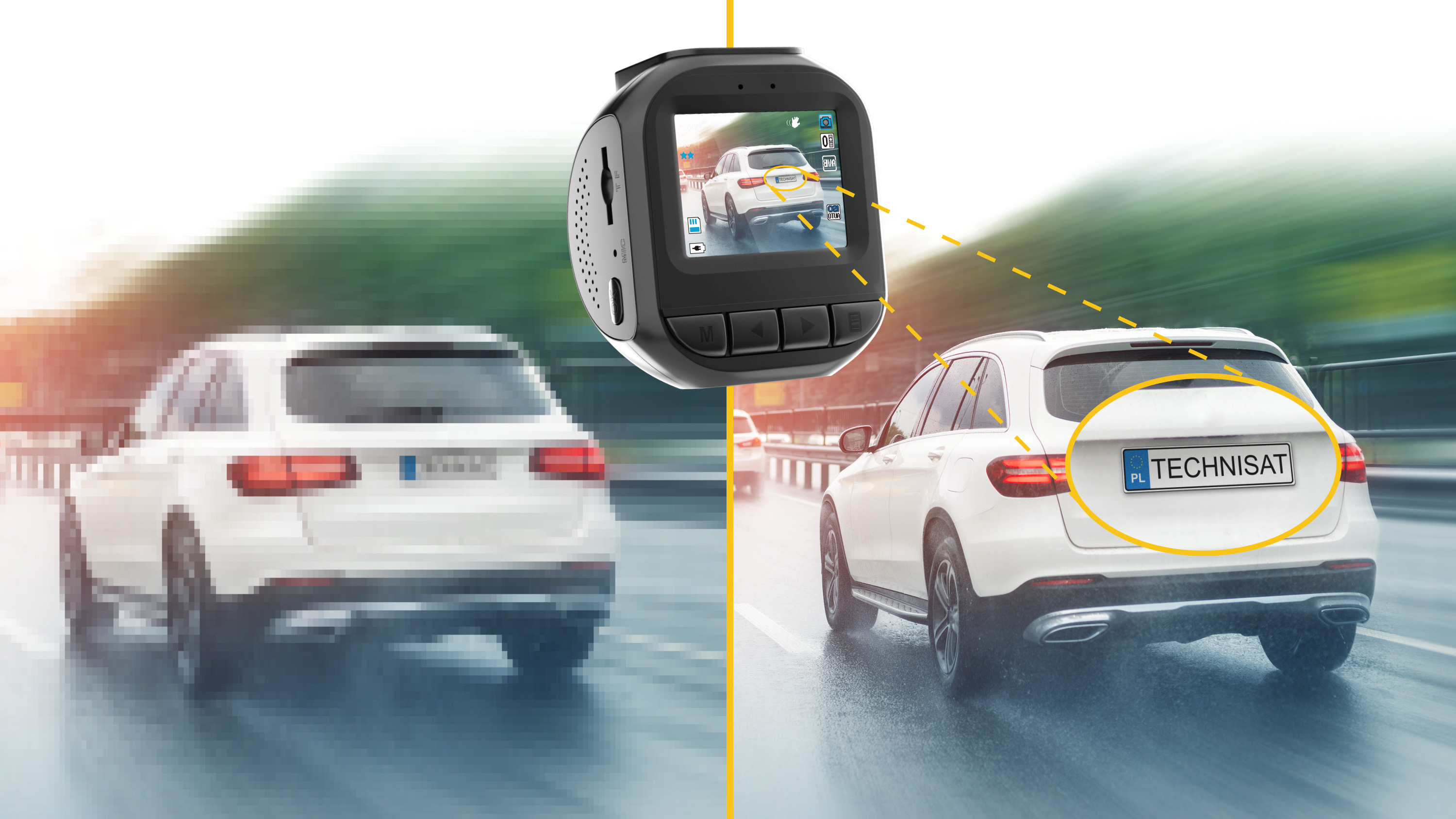 Comparison of recording quality in HD 720 and Full HD 1080, showing a legible number plate.