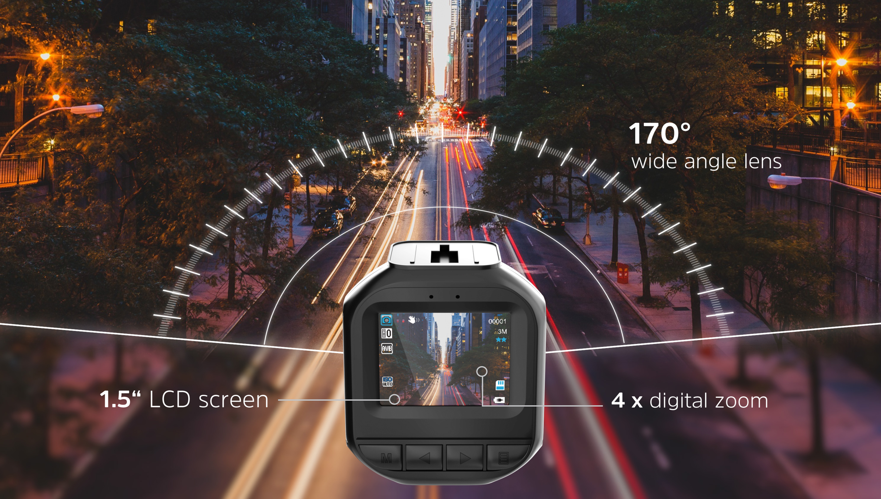 Infographic showing the 170° wide-angle lens, 4x digital zoom and 1.5-inch LCD screen of the ROADCAM.