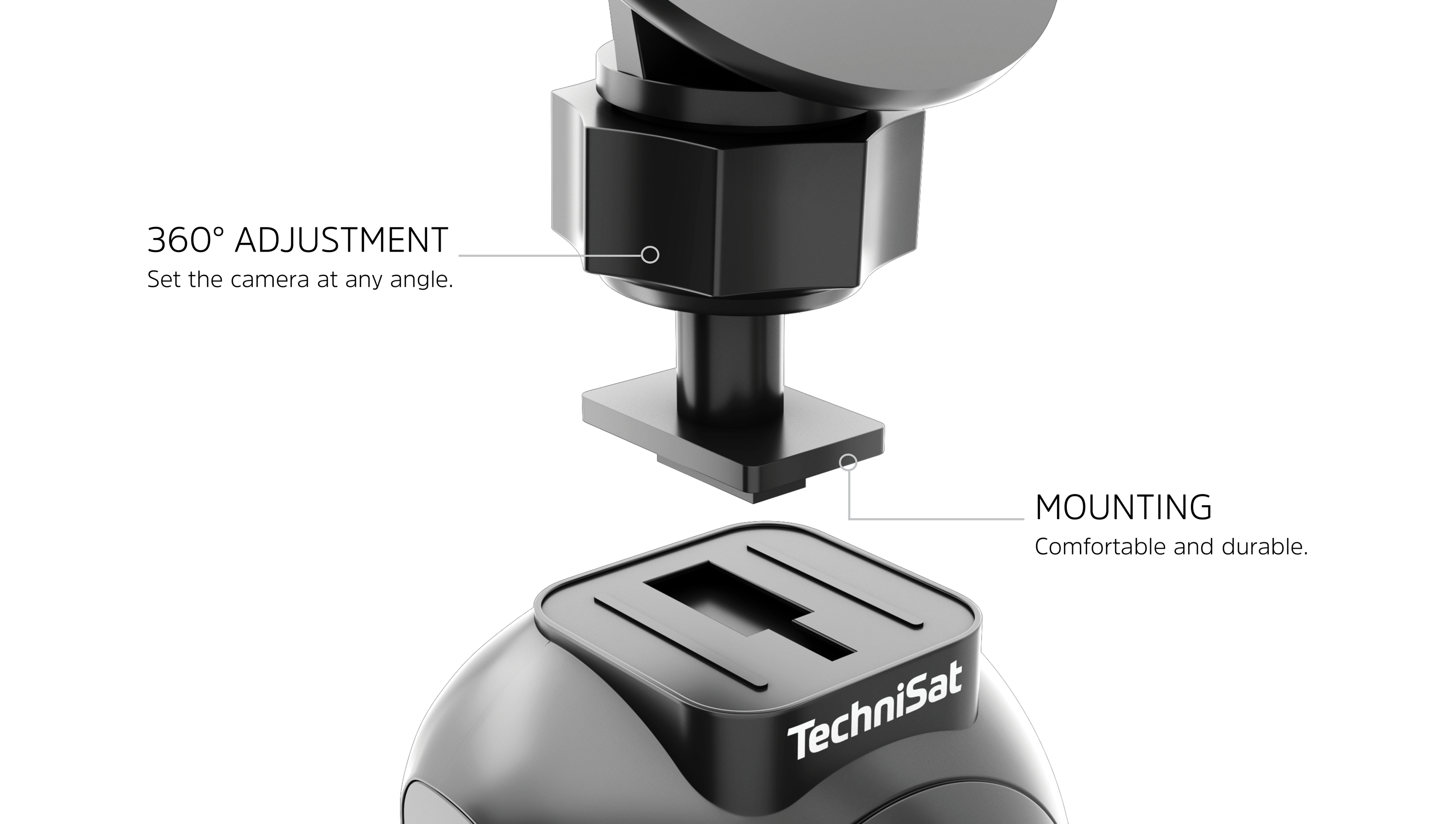 ROADCAM mount with 360° adjustment and a comfortable, sturdy fixing.
