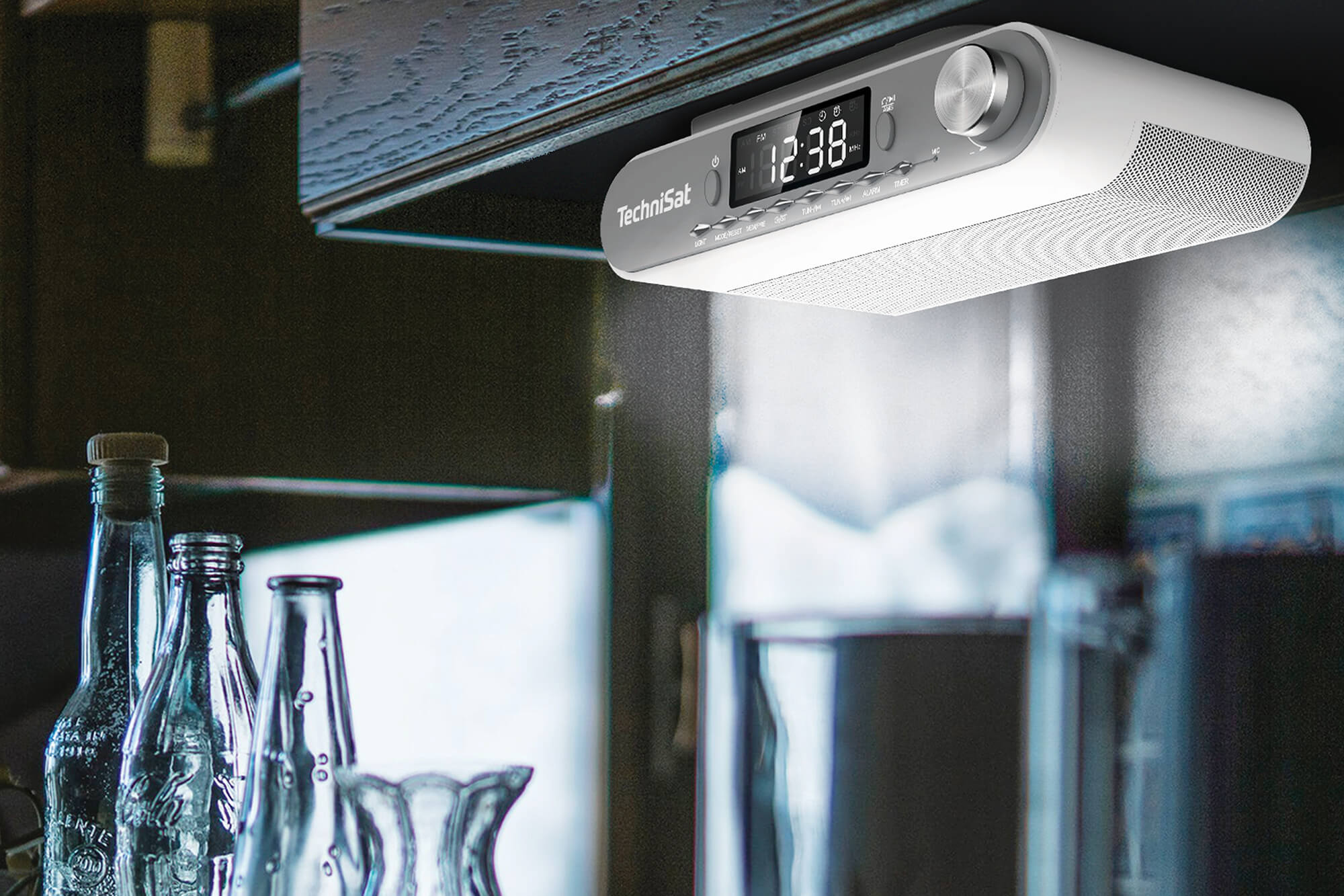 KitchenRadio with LED lighting, providing gentle night lighting under a kitchen cabinet.