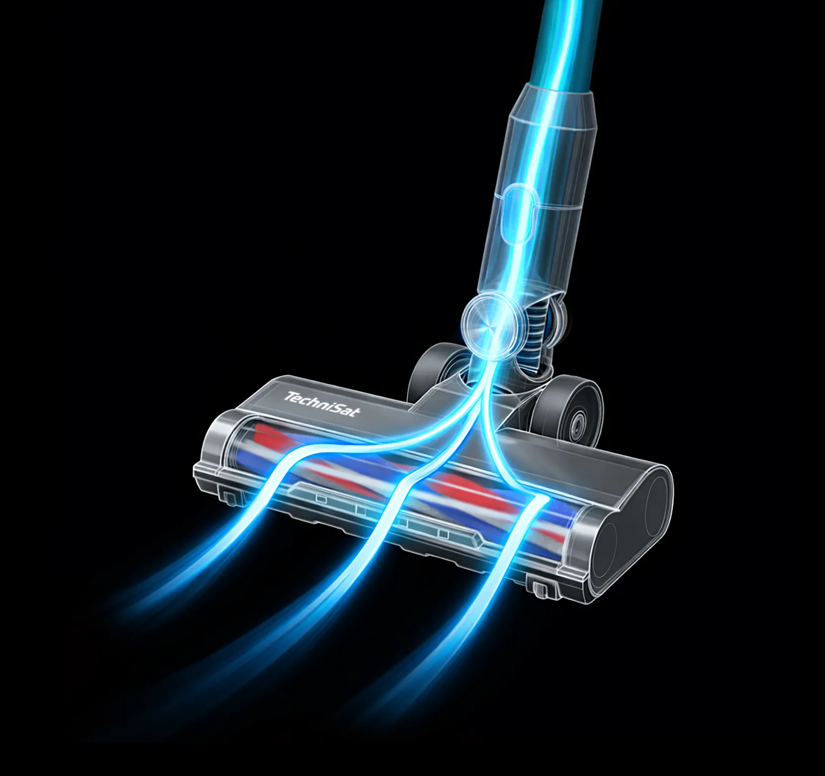 Akkustaubsauger auf schwarzem Hintergrund mit blauem Luftstrom, der die Saugleistung zeigt.