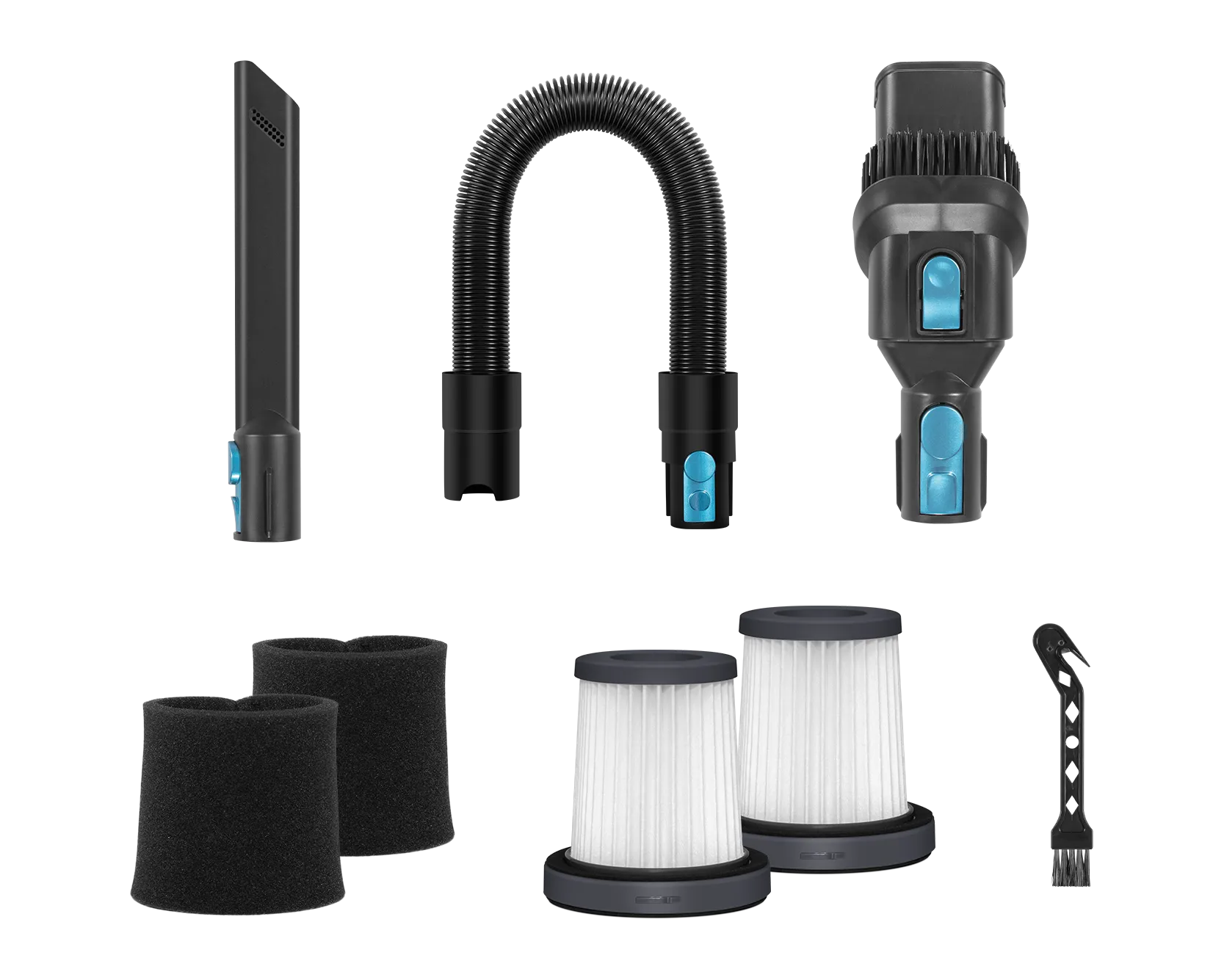 Zubehörteile des Akkustaubsaugers wie Filter, Aufsätze und Reinigungswerkzeug
