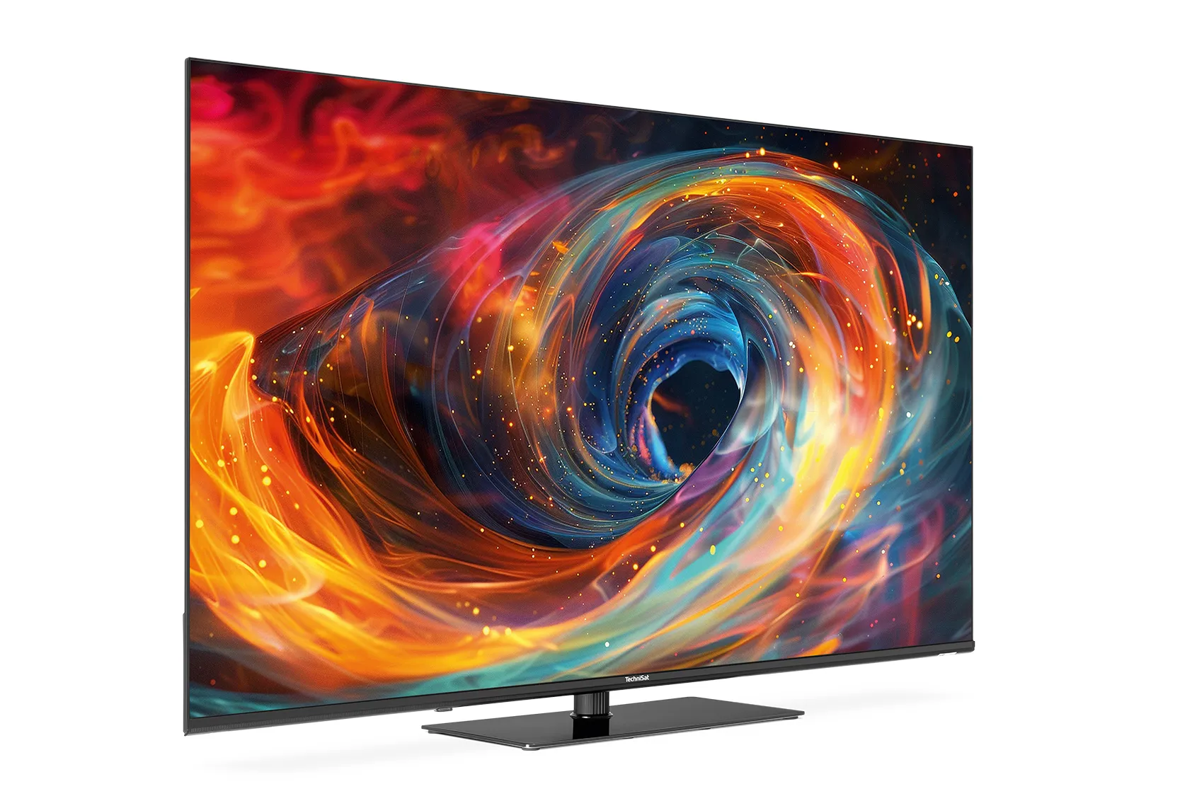 A TechniSat TV showing a colorful universe in vivid colors.