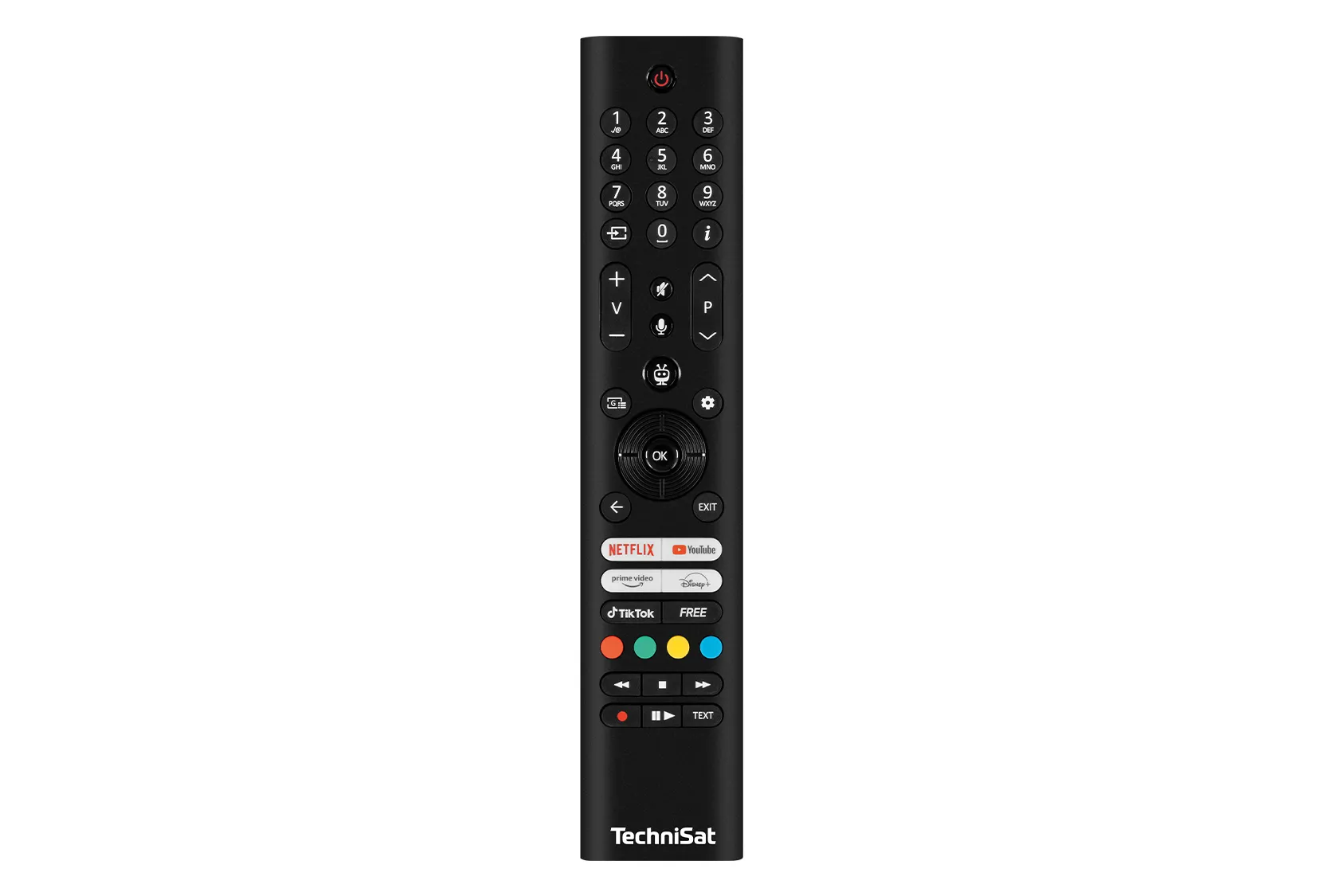 A gray TechniSat remote control with buttons, which also allows voice control.
