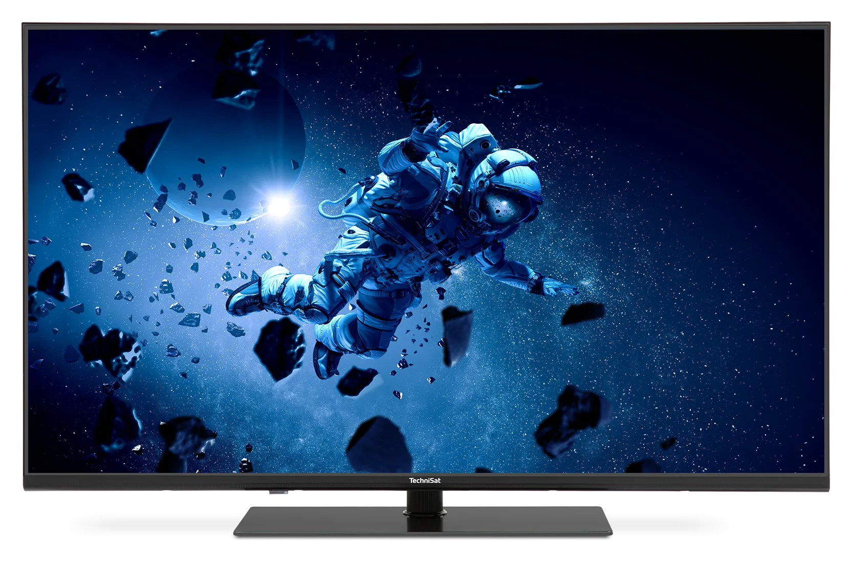 A TechniSat TV showing an astronaut floating through space in blue tones, illustrating the many entertainment options like streaming services, media libraries, etc.