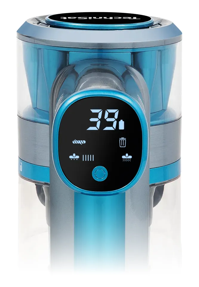 Digitales Display des Akkustaubsaugers zeigt verbleibende Akkukapazität an