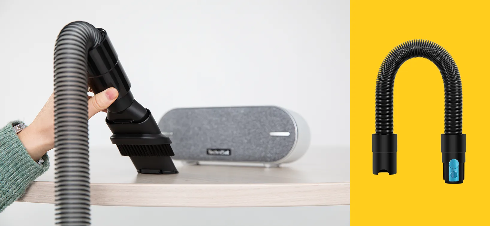 Flexibler Schlauch ist am Handstück des Saugers befestigt. Es wird auf einem Regal gesaugt.