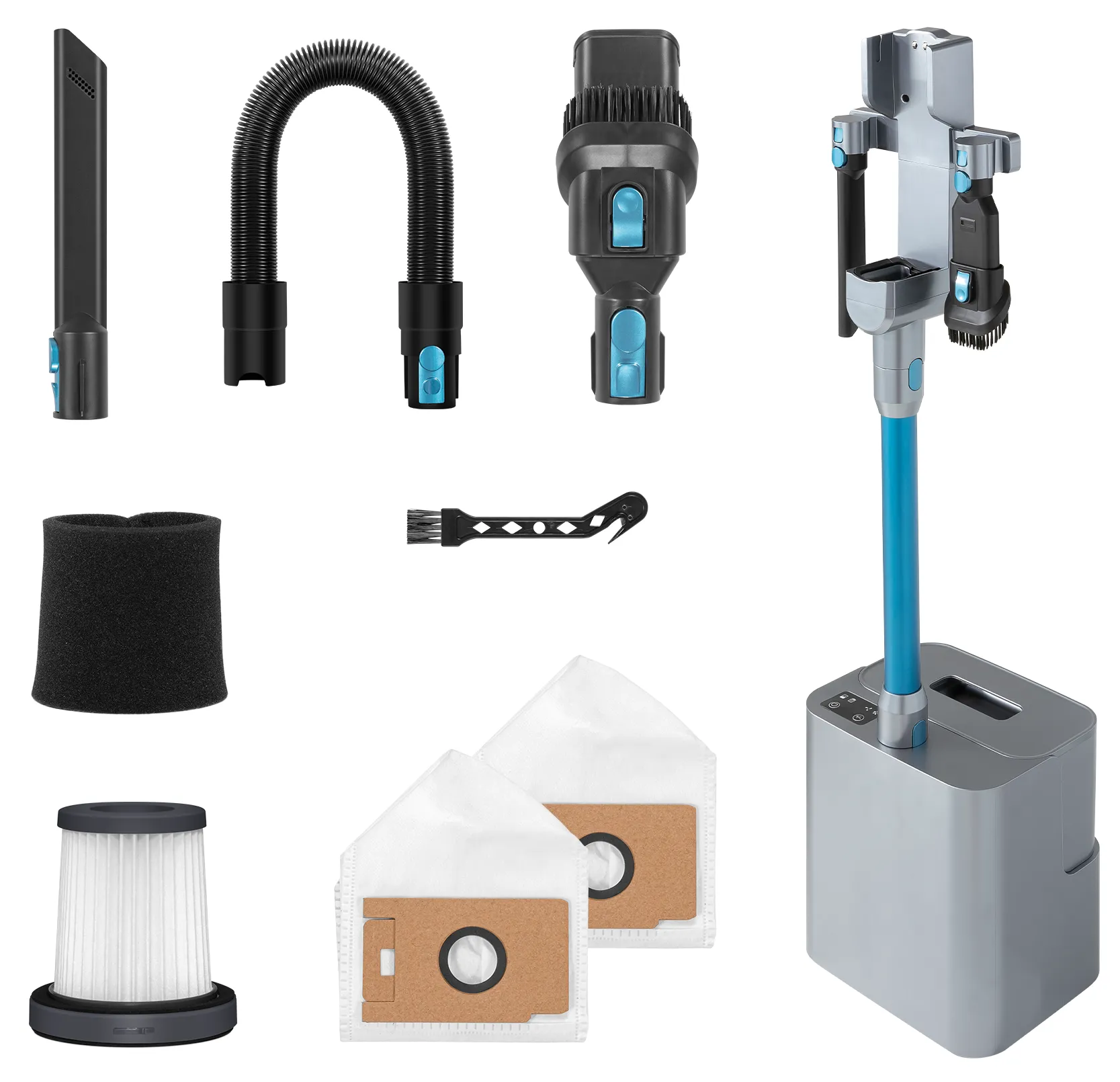 Zubehörteile des Akkustaubsaugers wie Filter, Staubbeutel, Aufsätze und Ladekabel