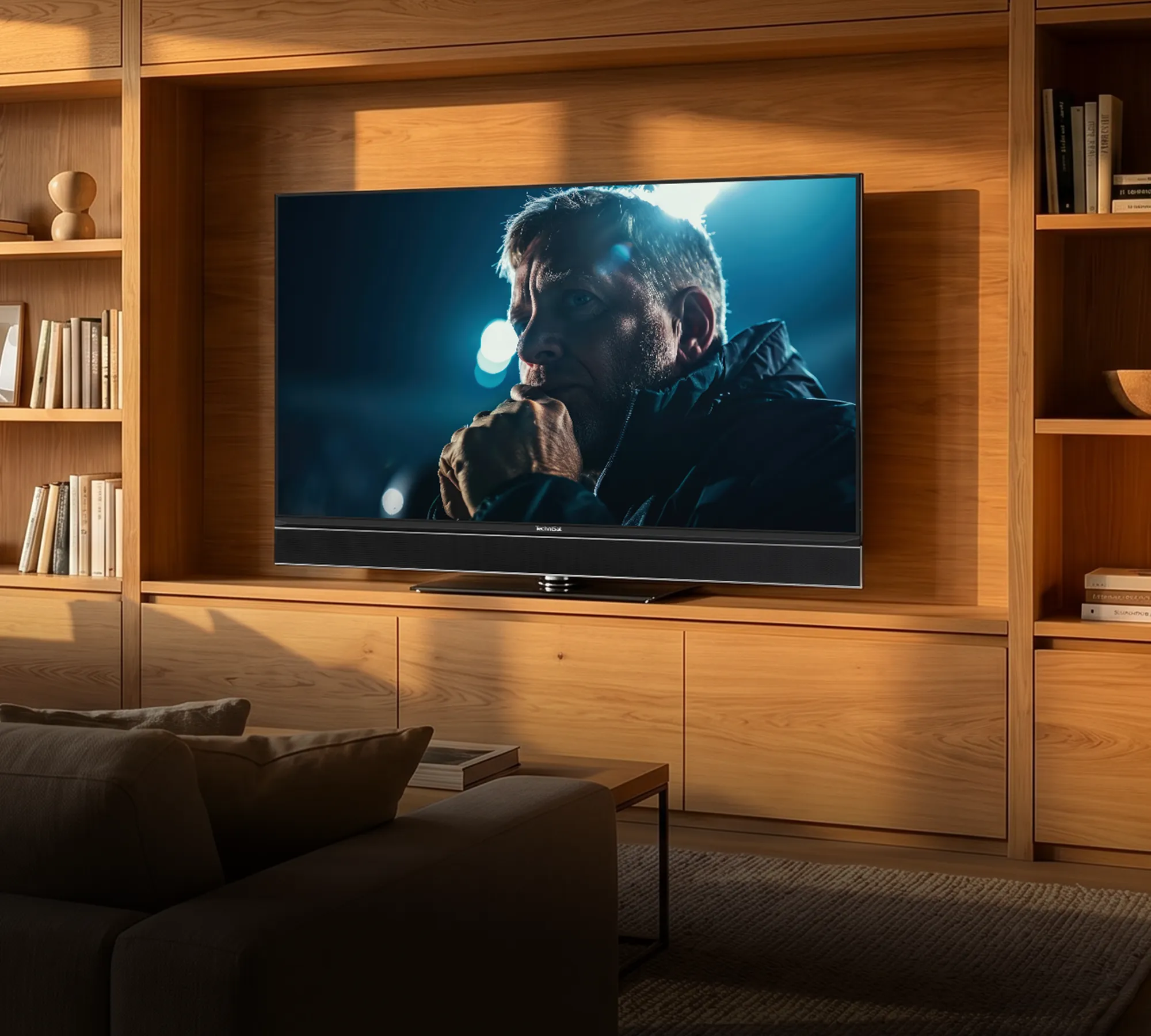 Integrated into the wall unit, the TV blends seamlessly into the cosy ambience to create a home cinema.