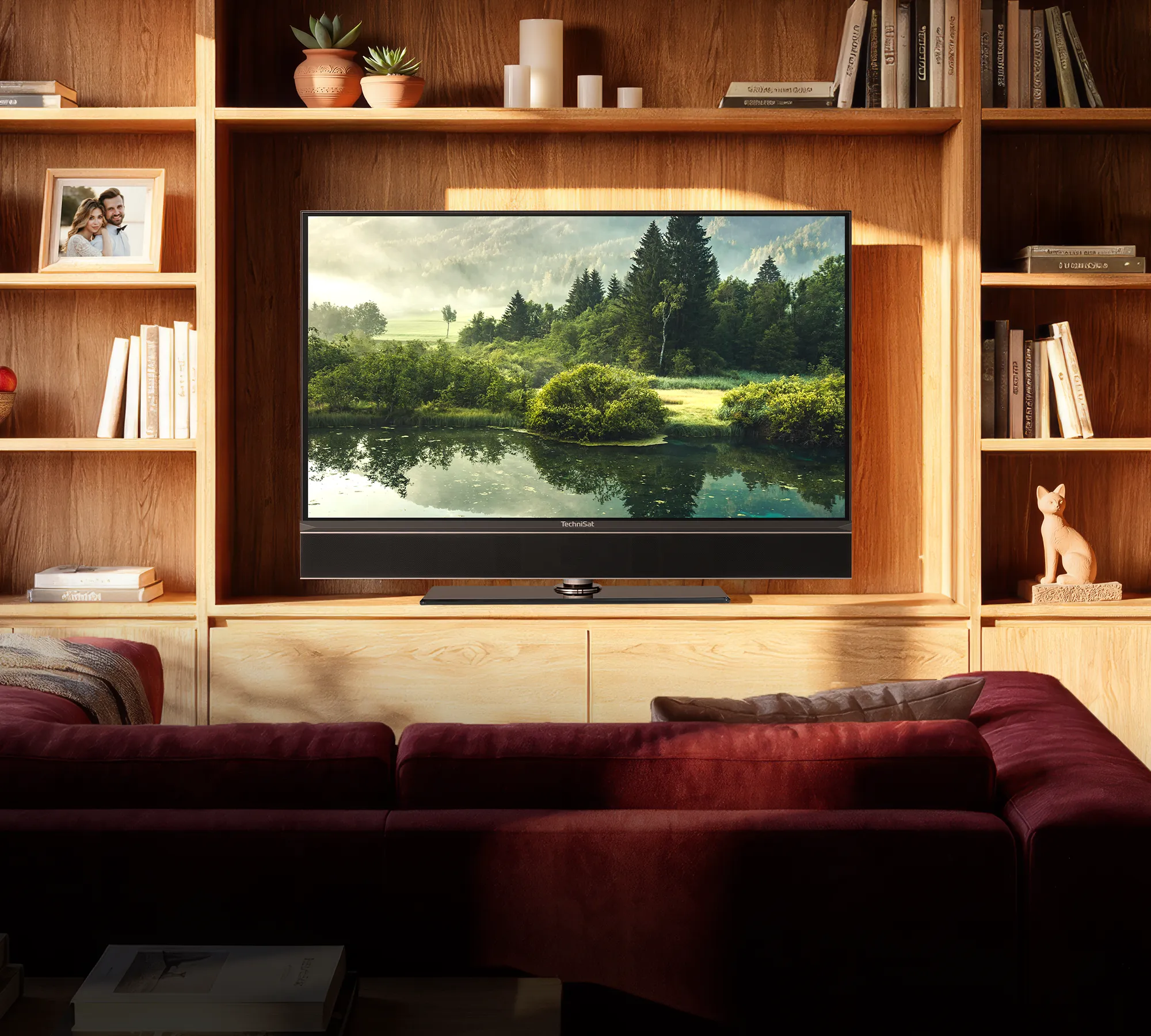 Built into the wall unit, the TV blends seamlessly with the living room to create a home cinema.