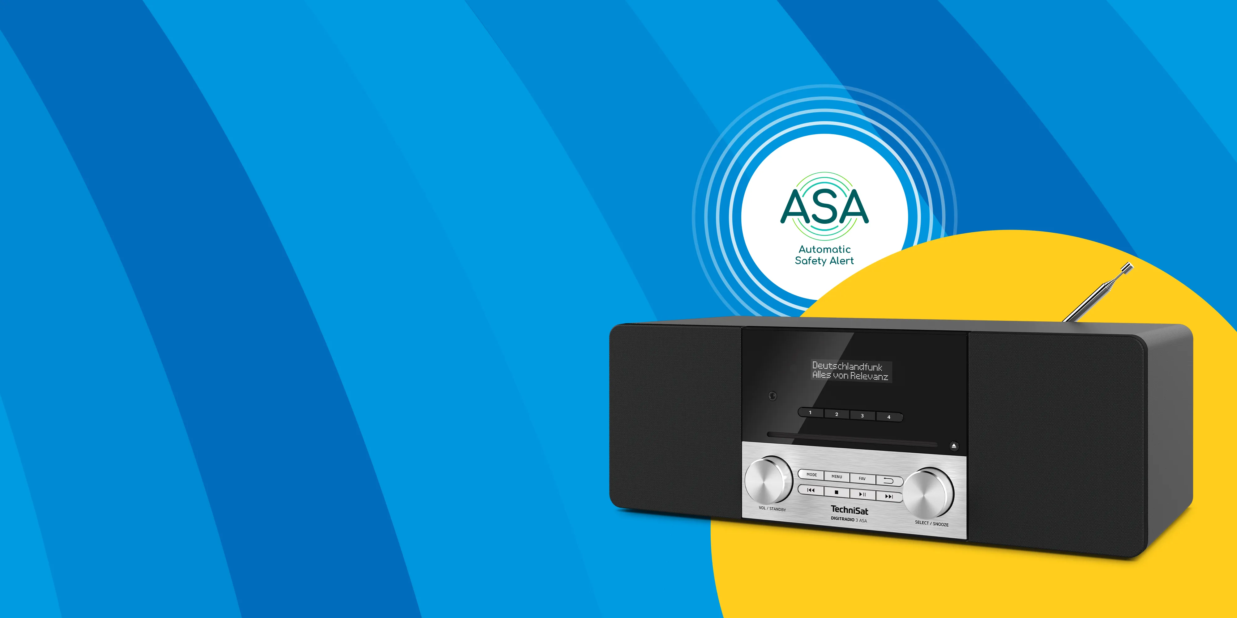 DIGITRADIO 3 ASA vor blau-gelbem Hintergrund, ASA-Logo groß im Hintergrund platziert.