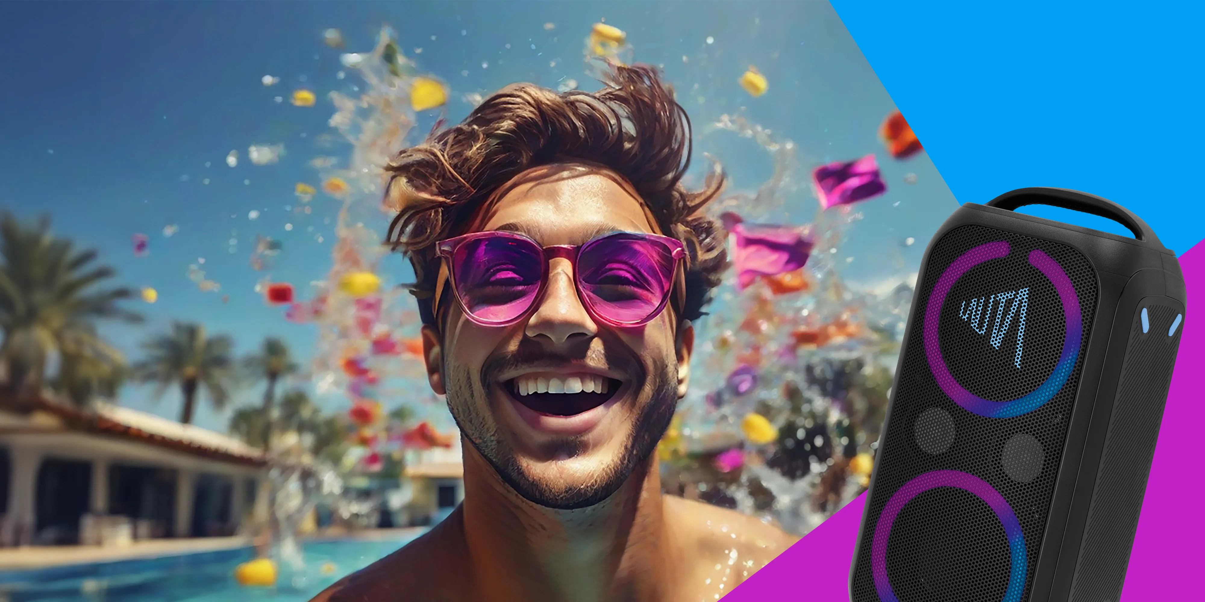 Junger Mann mit rosa Brille im Pool, buntes Konfetti – ausgelassene Sommerparty voller Spaß und Lebensfreude mit Wummsbox.